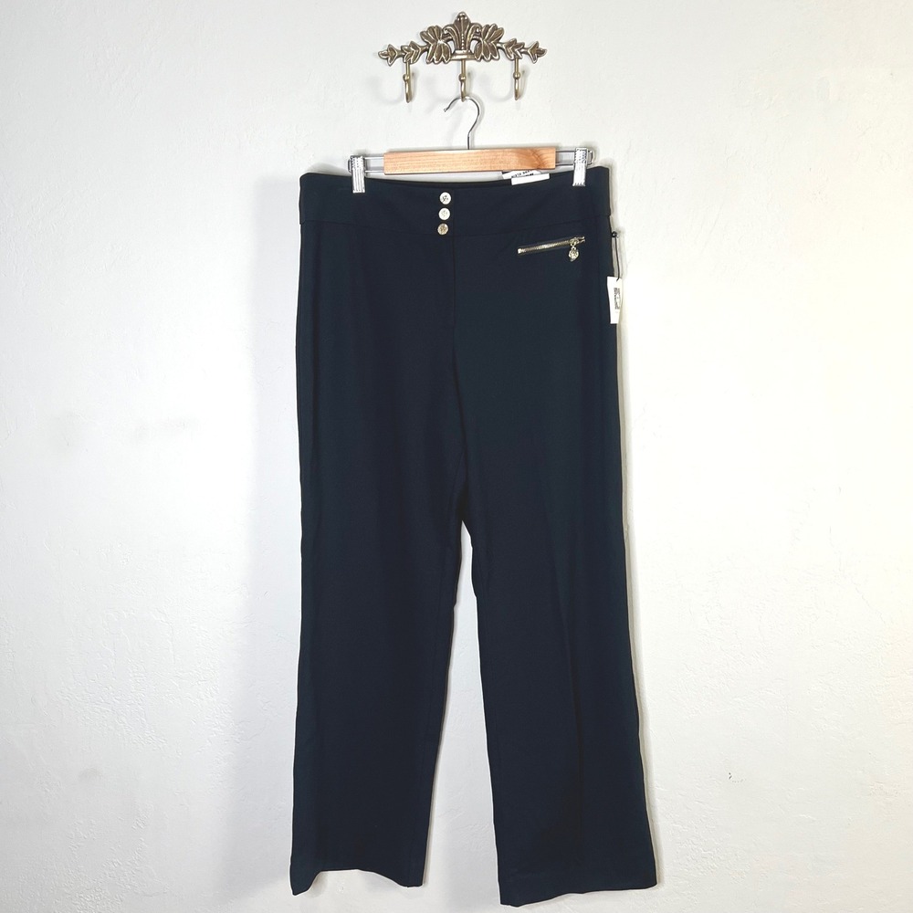 Anne Klein Pants Wide Leg Trousers Women Size 14 Black Gold Button Pocket NEW